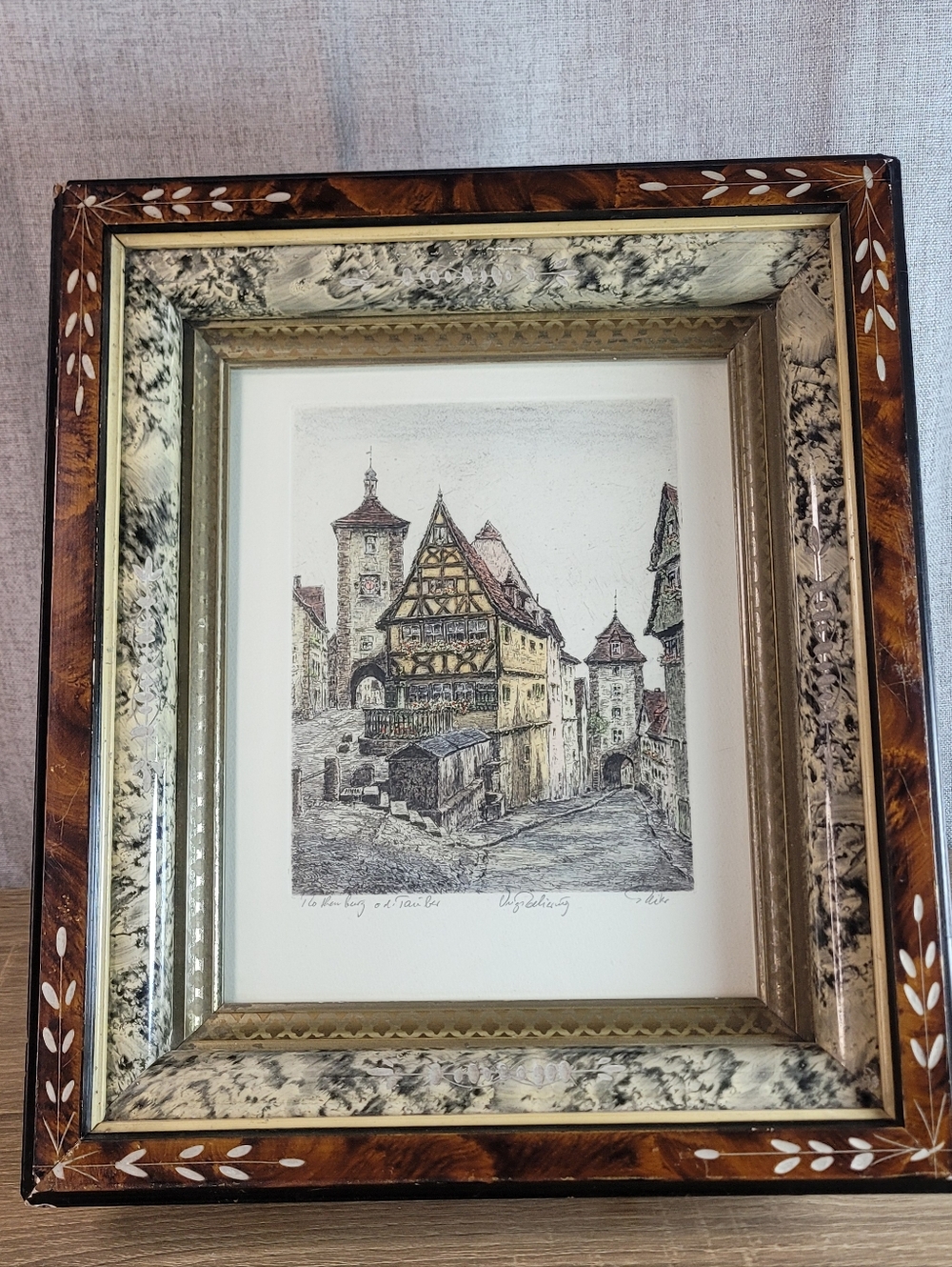 Vintage Rothenburg Ob De Tauber Framed European Village Etching Frame